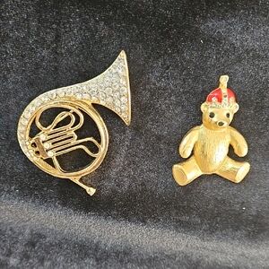Holiday Brooches, Bear, Tuba, Goldtone, Rhinestones